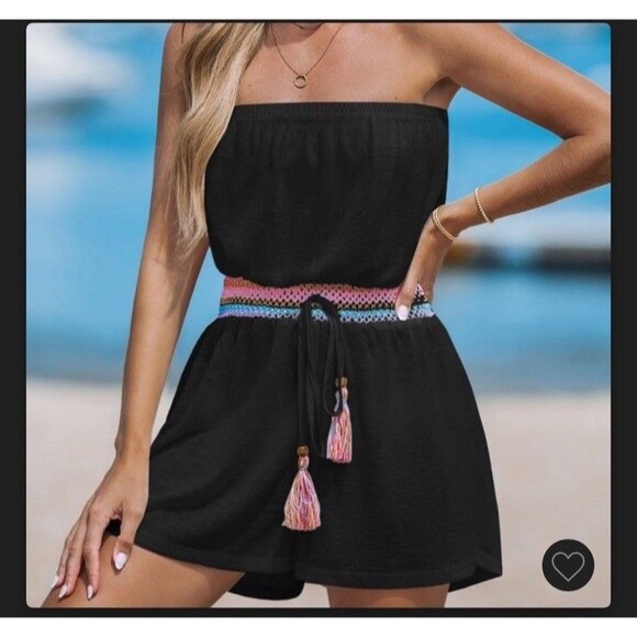 NEW Cupshe Strapless Romper Black Rainbow Lightweight Beach Boho Women's Small - Picture 1 of 14